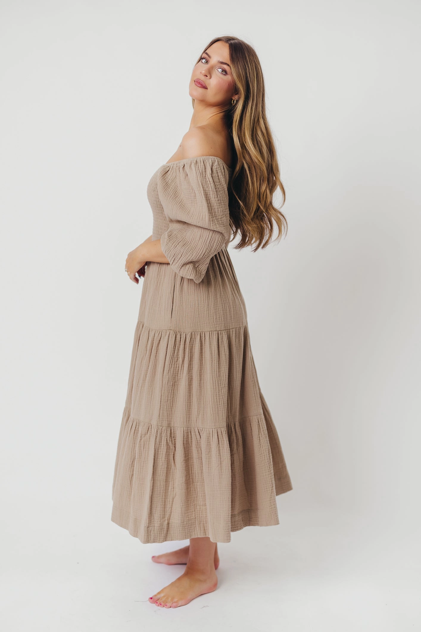 Taylor Cotton Smocked Midi Dress with Tiered Skirt in Pumice - Inclusive Sizing