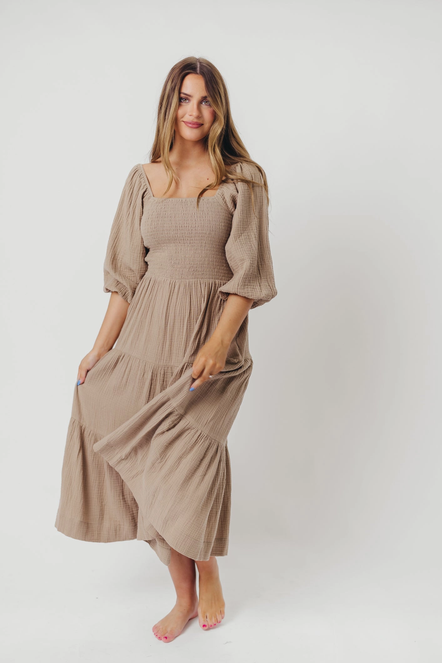 Taylor Cotton Smocked Midi Dress with Tiered Skirt in Pumice - Inclusive Sizing