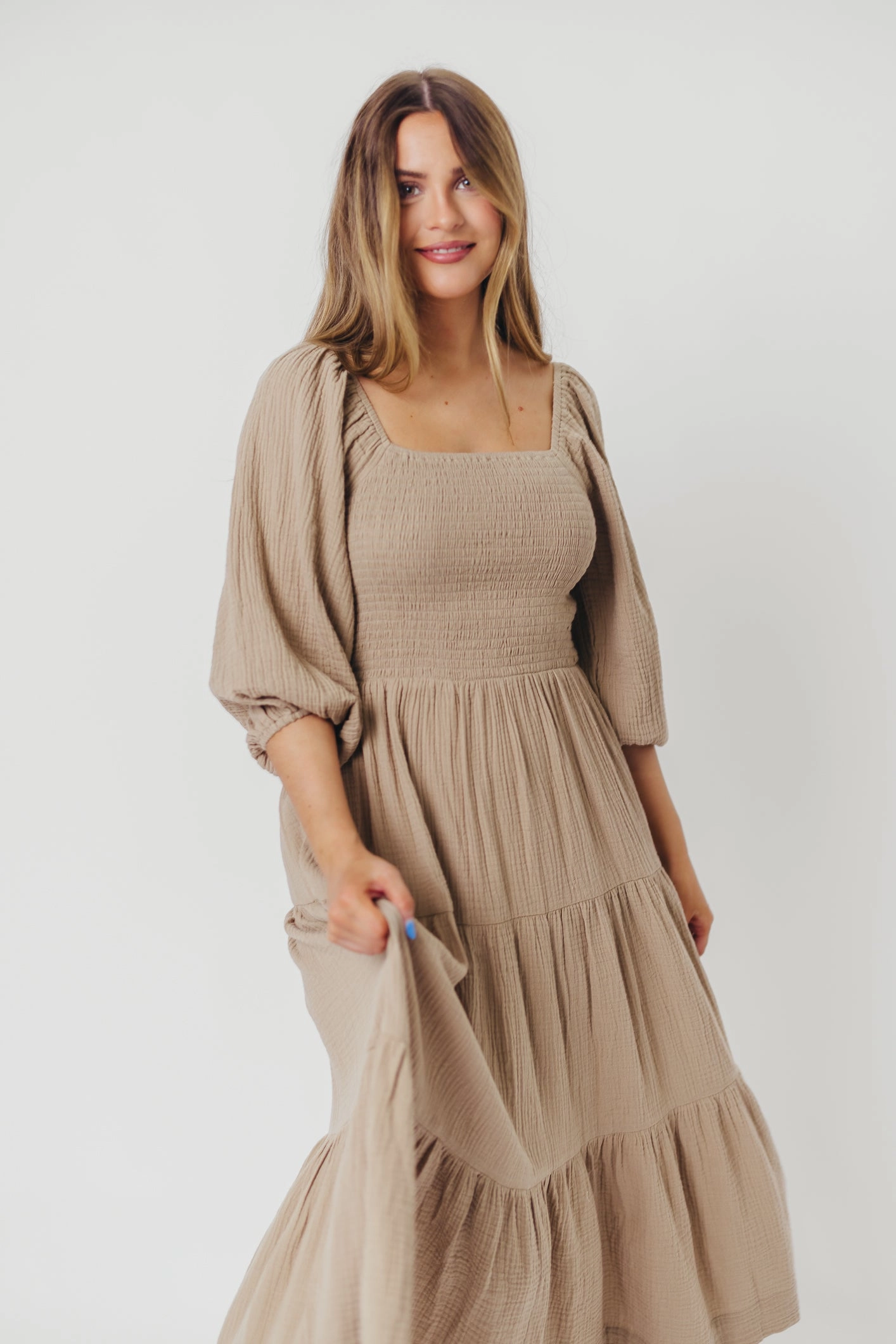 Taylor Cotton Smocked Midi Dress with Tiered Skirt in Pumice - Inclusive Sizing