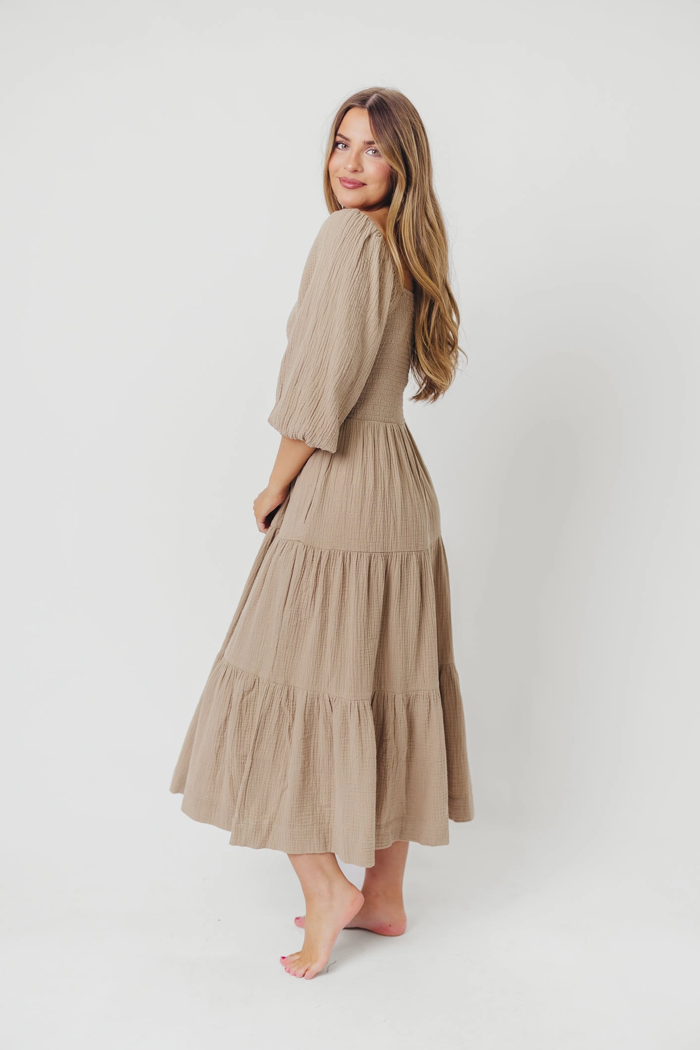 Taylor Cotton Smocked Midi Dress with Tiered Skirt in Pumice - Inclusive Sizing
