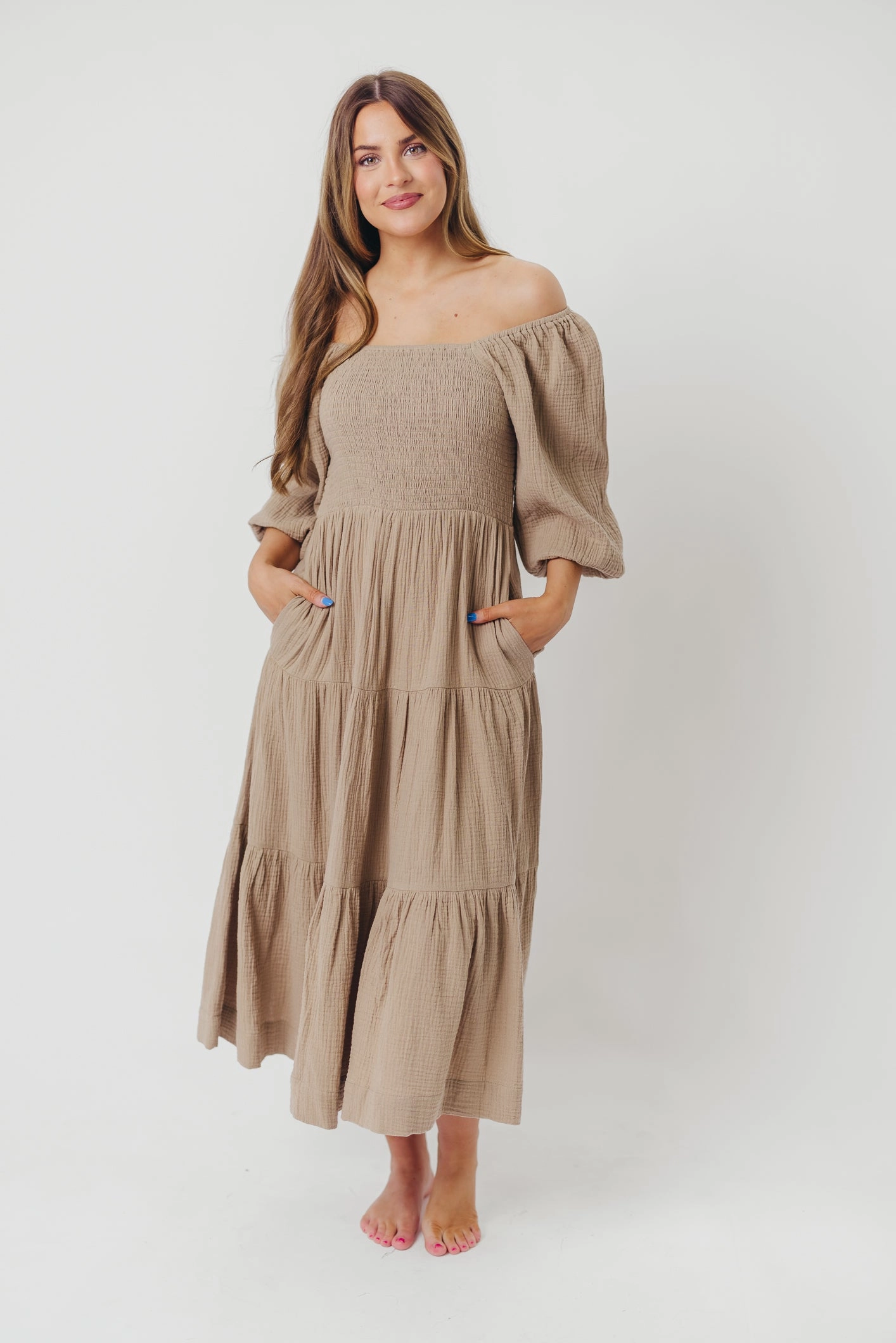 Taylor Cotton Smocked Midi Dress with Tiered Skirt in Pumice - Inclusive Sizing