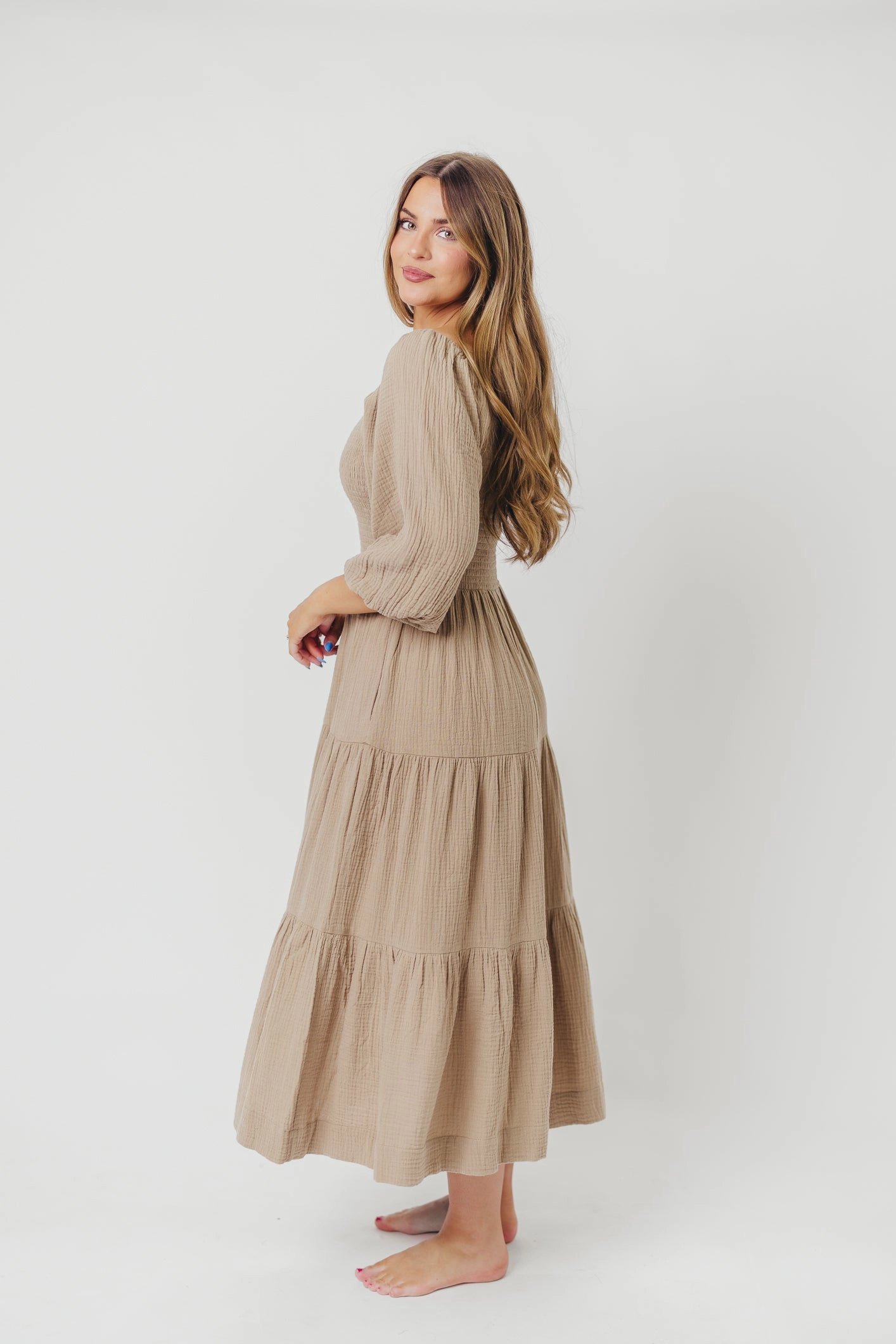 Taylor Cotton Smocked Midi Dress with Tiered Skirt in Pumice - Inclusive Sizing