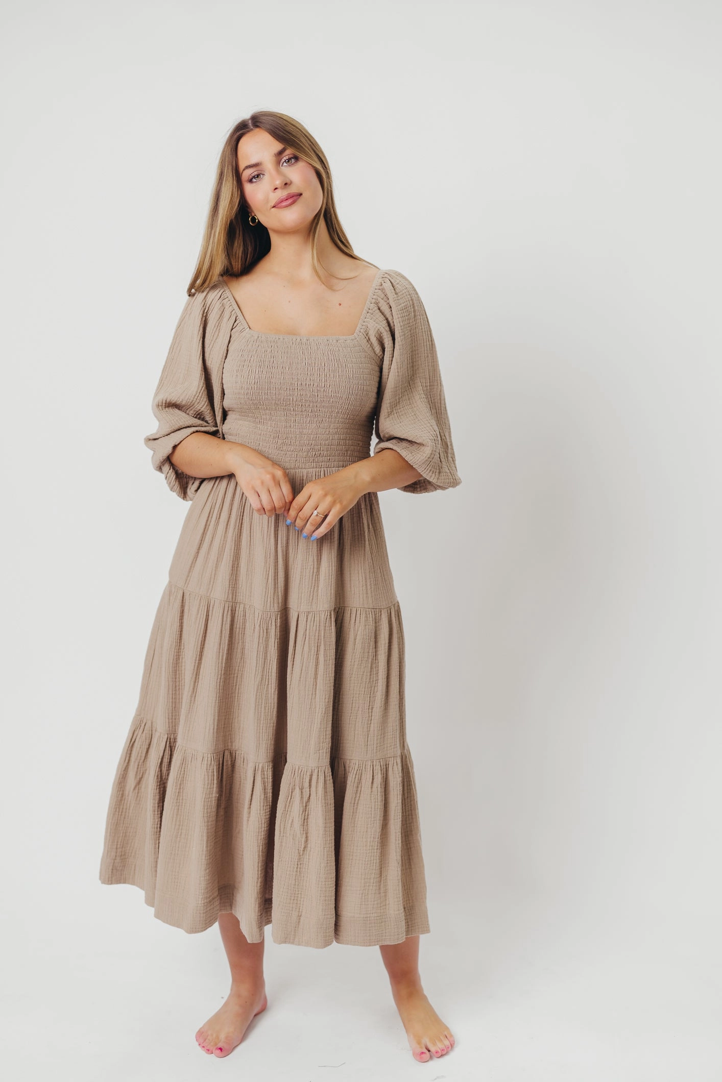 Taylor Cotton Smocked Midi Dress with Tiered Skirt in Pumice - Inclusive Sizing