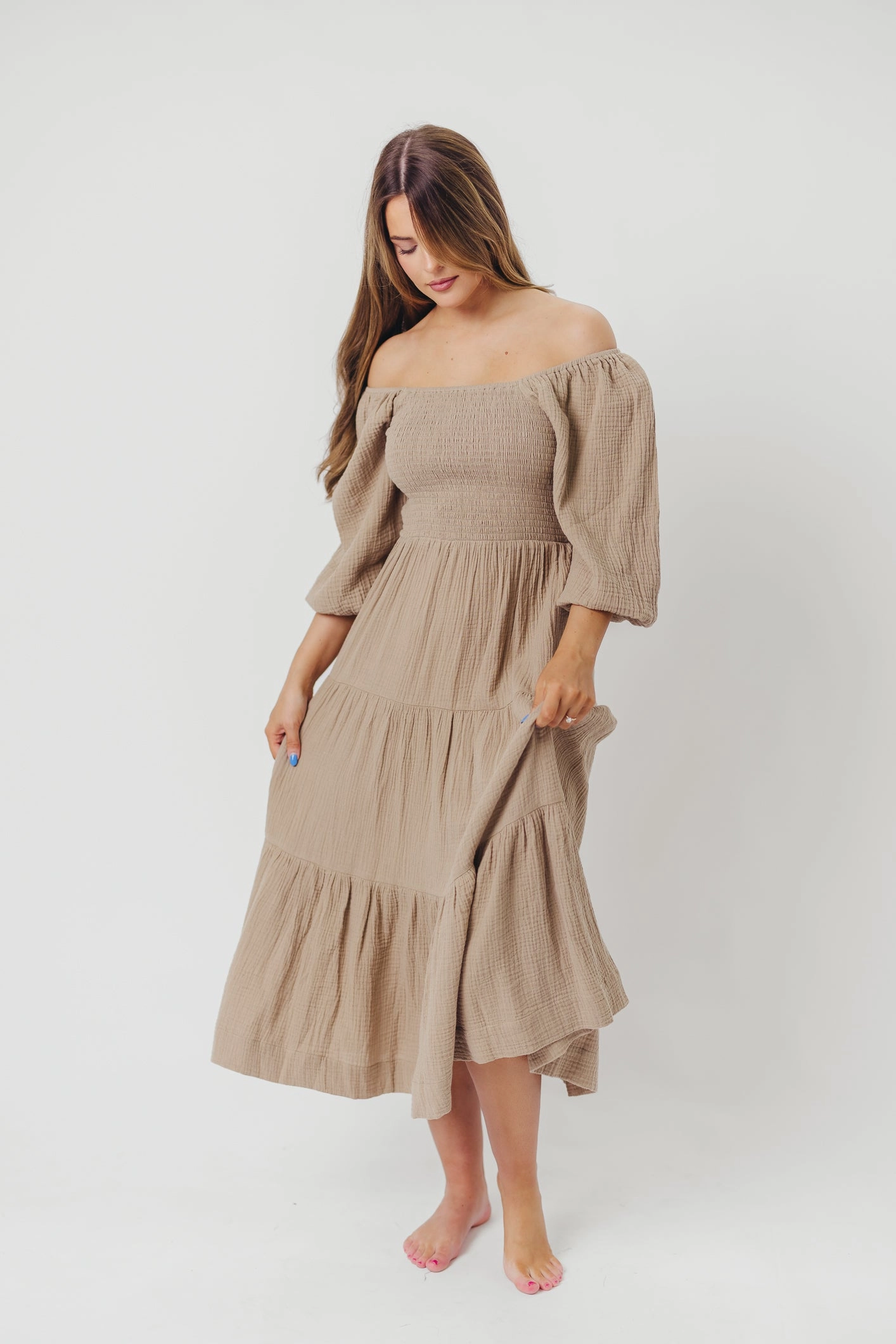 Taylor Cotton Smocked Midi Dress with Tiered Skirt in Pumice - Inclusive Sizing
