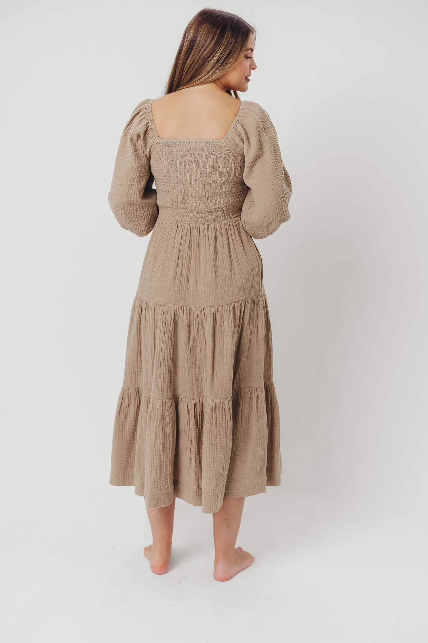 Taylor Cotton Smocked Midi Dress with Tiered Skirt in Pumice - Inclusive Sizing