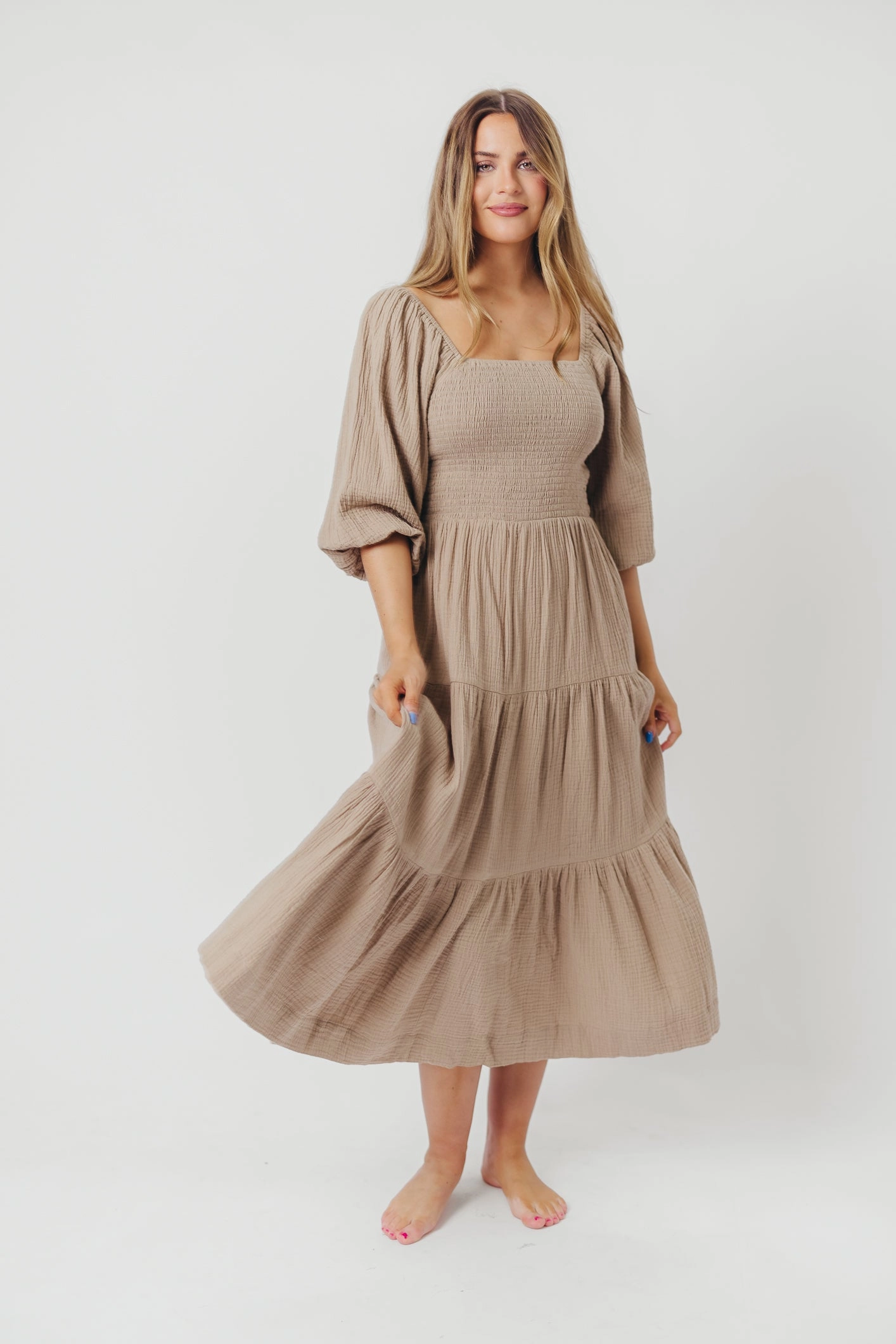 Taylor Cotton Smocked Midi Dress with Tiered Skirt in Pumice - Inclusive Sizing