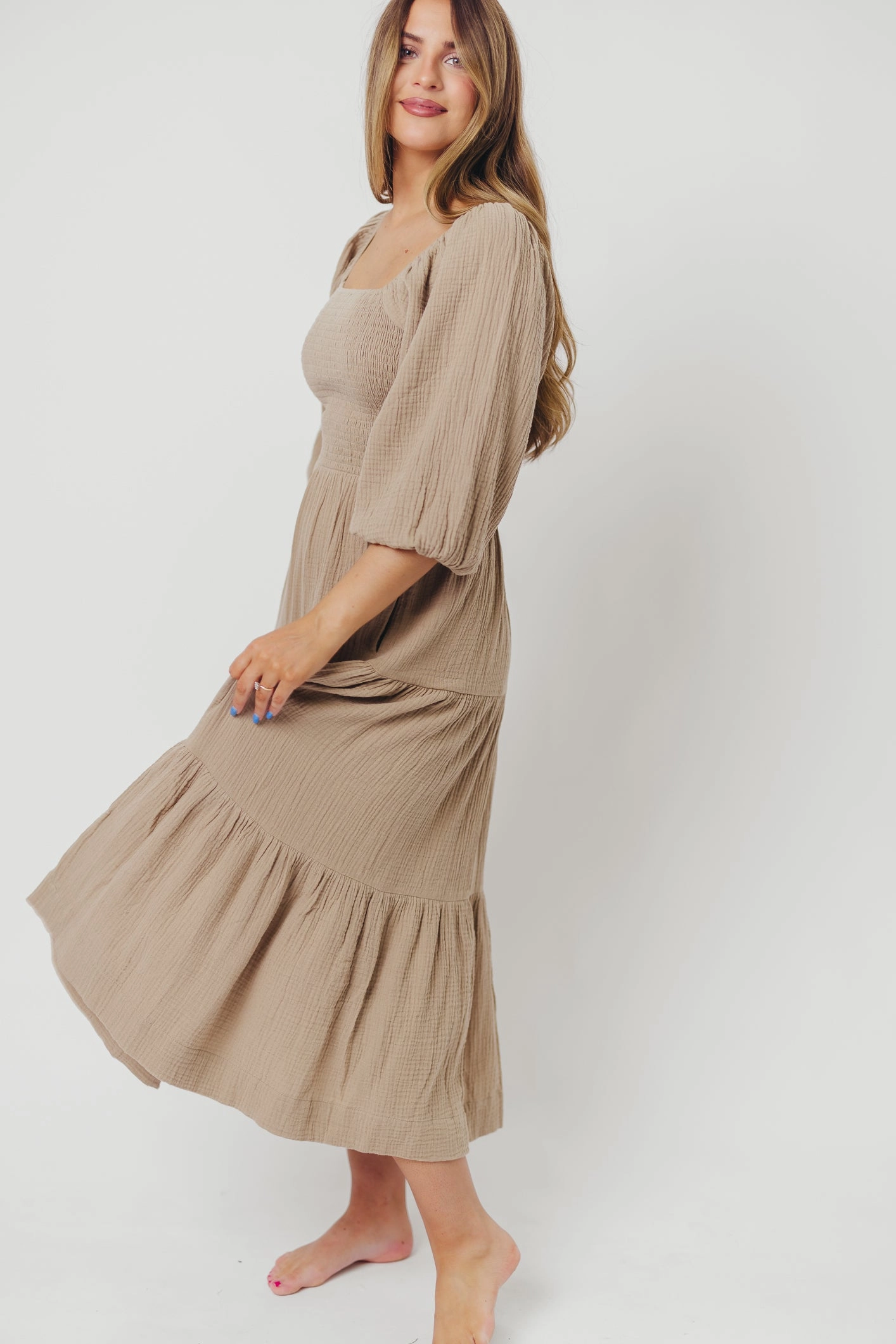 Taylor Cotton Smocked Midi Dress with Tiered Skirt in Pumice - Inclusive Sizing