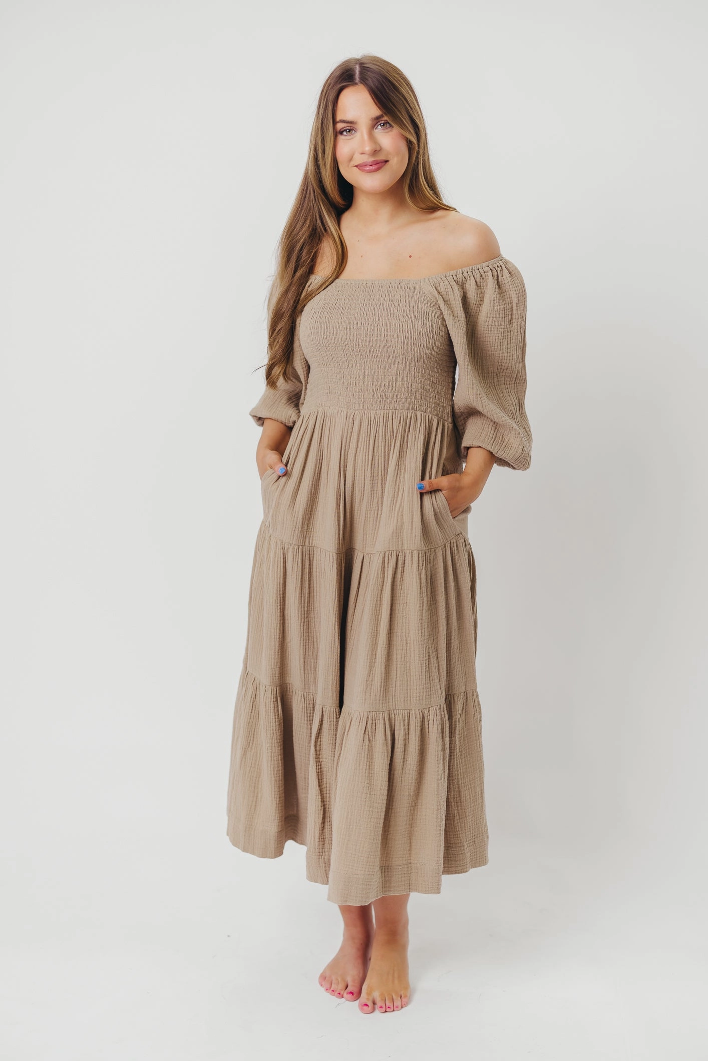 Taylor Cotton Smocked Midi Dress with Tiered Skirt in Pumice - Inclusive Sizing