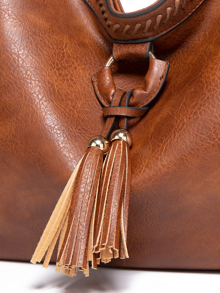 Vintage Tassel PU Leather Large Purse Shoulder Bag for Women