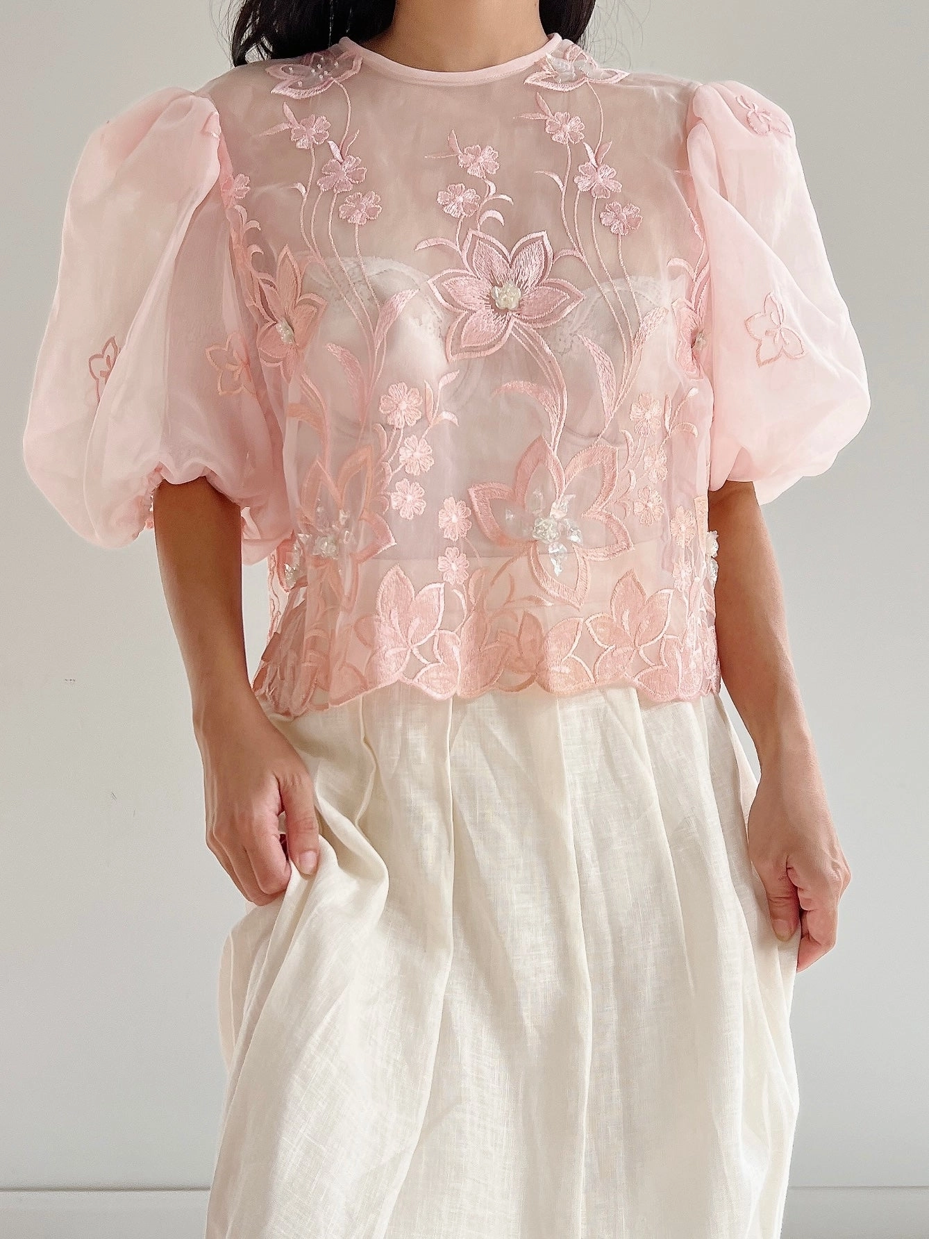 Vintage Voile Organza Embroidered Top - M