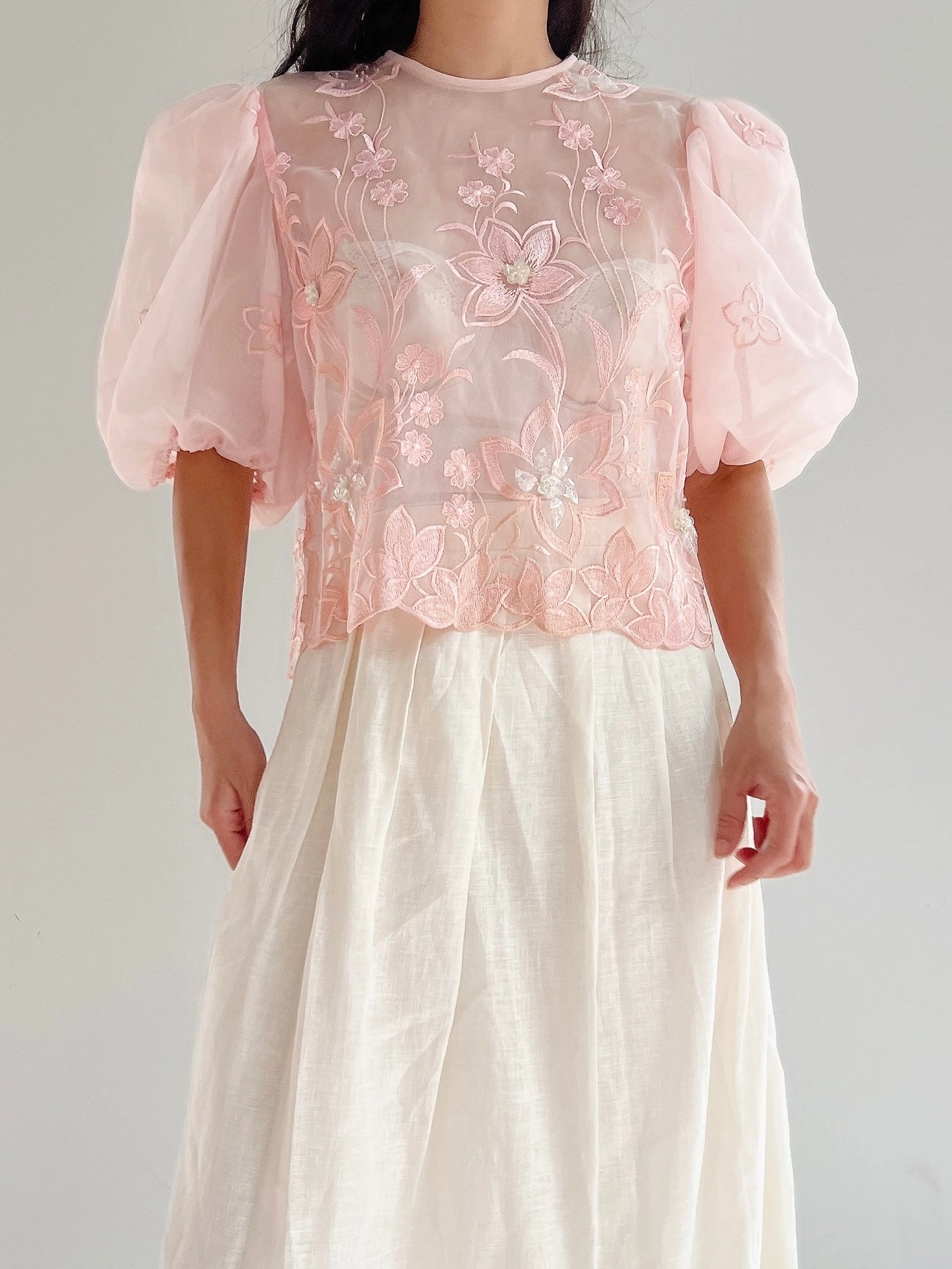 Vintage Voile Organza Embroidered Top - M