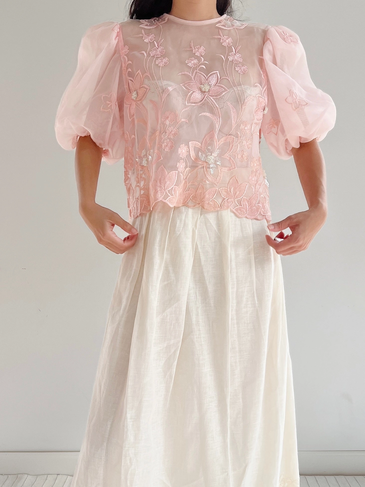 Vintage Voile Organza Embroidered Top - M