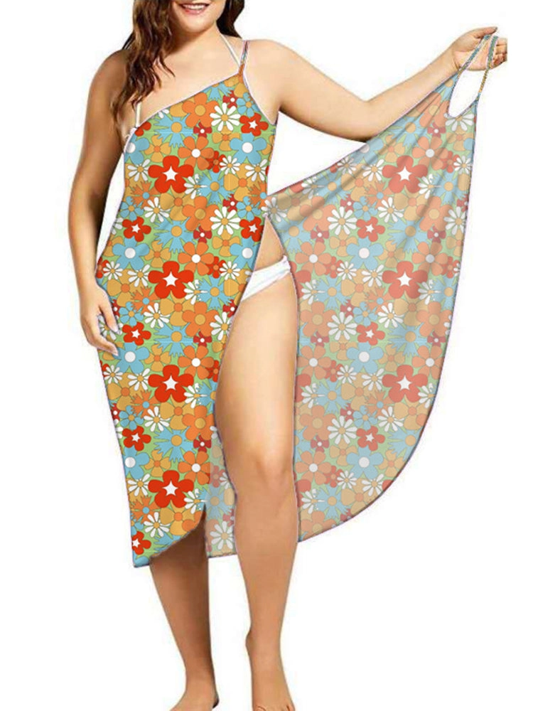 Women’s Plus Size Printed Cover Up Beach Backless Wrap Long Dress